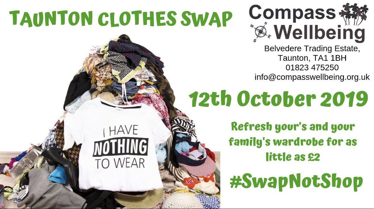 Taunton Clothes Swap
 At Compass Wellbing Centre <a href="/Compassdis/">Compass Disability Services</a> this Saturday ♻️ 
#reuse #recycle #repurpose 
For full details about how to ‘Swap’ check out the fb event page 
#swapdontshop