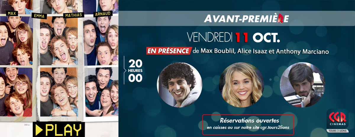 [Avant-première] J-3 avant l'avant-première du très bon #Play en présence de @max_boublil @anthomarciano et @AliceIsaaz vendredi 11 octobre à 20h00 
Préventes open cgrcinemas.fr/tours2/reserve…