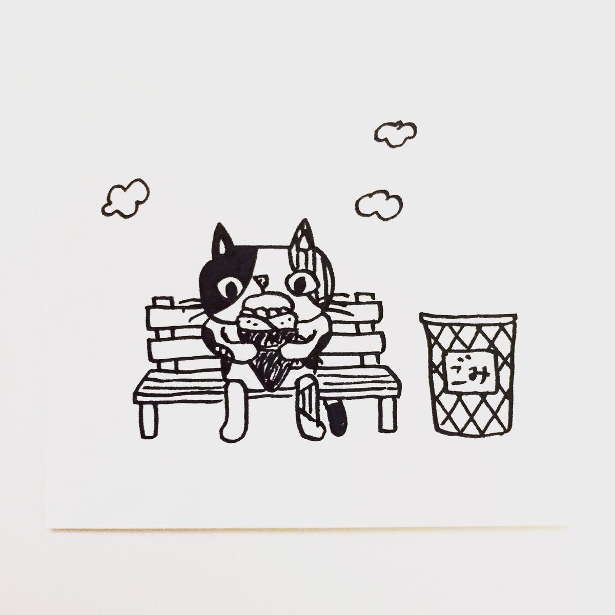 肌子 今日のイラストはコレ ｪ 公園のベンチでクレープを食べる猫 イラスト 猫 ネコ ねこ オリジナル ペン画 アナログ画 三毛猫