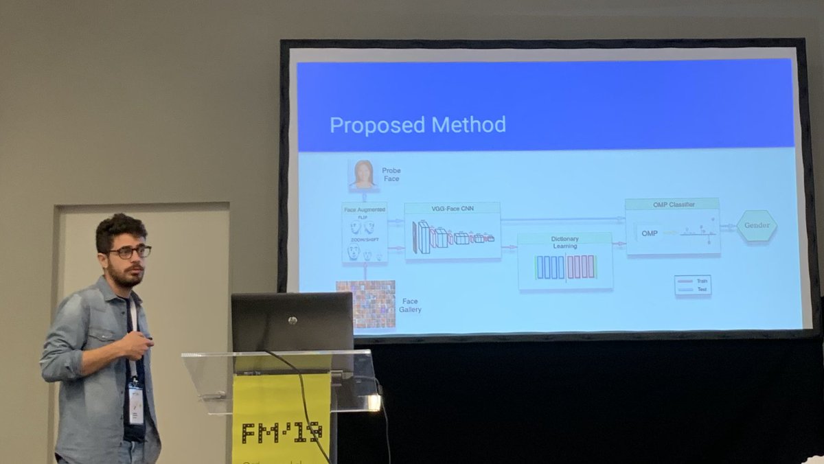 Data2ModelsBack's tweet image. Alessandro D'Amelio presenting his #DataMod19 paper on “#GenderRecognition in the Wild with #SmallSampleSize - A Dictionary #Learning Approach” - joint work with Vittorio Cuculo @vcuculo and Sathya Bursic 
@phuselab #FacialRecognition #DCNN #DeepConvolutionalNeuralNetworks