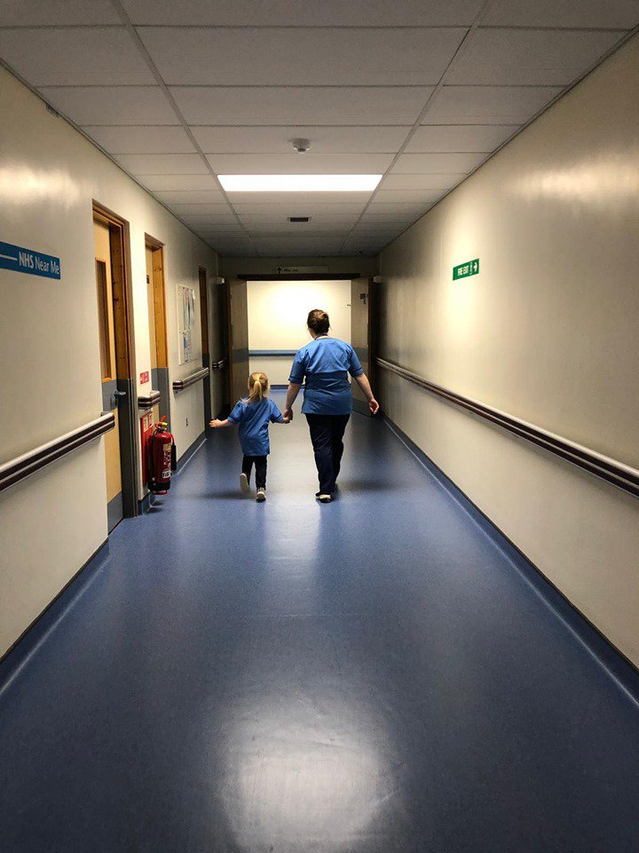 NHSWI's tweet photo. A taste of #nursing for 4-year-old Eden Macphee, who joined her mum &amp; colleagues for a mini-shift #FutureNurse https://t.co/Z120ls8iZB