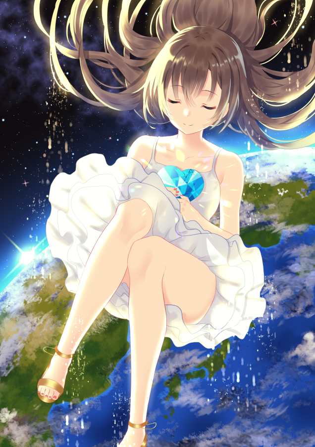 灰村劫一 宇宙と地球の綺麗背景と浮かんでる少女 散ってる長髪と笑顔と白ワンピがすごく美しい 良い雰囲気がいっぱいある こころの中に深い気分が感じる 素敵