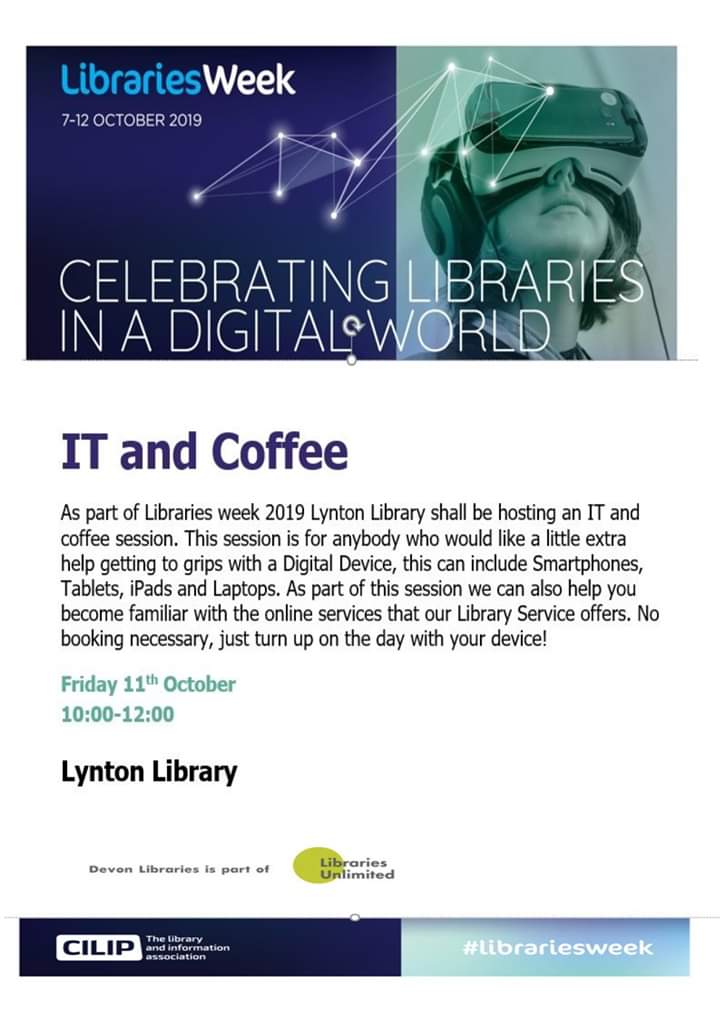 Struggling with a device or want to learn more about resources and information you can access online, come along and see us this Friday between 10am-12pm! 😀
<a href="/LyntonLibrary/">Lynton Library</a> <a href="/TownHall_Lynton/">L&L Town Council</a> <a href="/LLCliffRailway/">Cliff Railway Lynton</a> <a href="/Lyntoncinema/">Lynton Cinema</a> @LyntonLynmouth