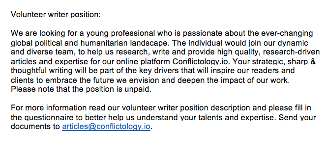 ConflictArticle's tweet photo. ⚠️ We are recruiting! ⚠️

Volunteer Writer

Full description: https://t.co/rqjwtUs4tA
Fill in the questionnaire to better help us understand your talents and expertise: https://t.co/v2PLTwhJ6F 

Send your documents or any questions to article@conflictology.io https://t.co/vg4KftaIUB