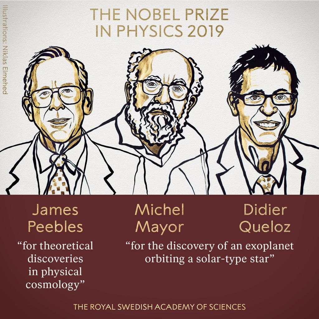 The 2019 #NobelPrize in Physics awarded jointly to?
- half #JamesPeebles another half #MichelMayor & #DidierQueloz

James Peebles “for theoretical discoveries in physical cosmology” and Michel Mayor and Didier Queloz “for the discovery of an exoplanet orbiting a solar-type star.”