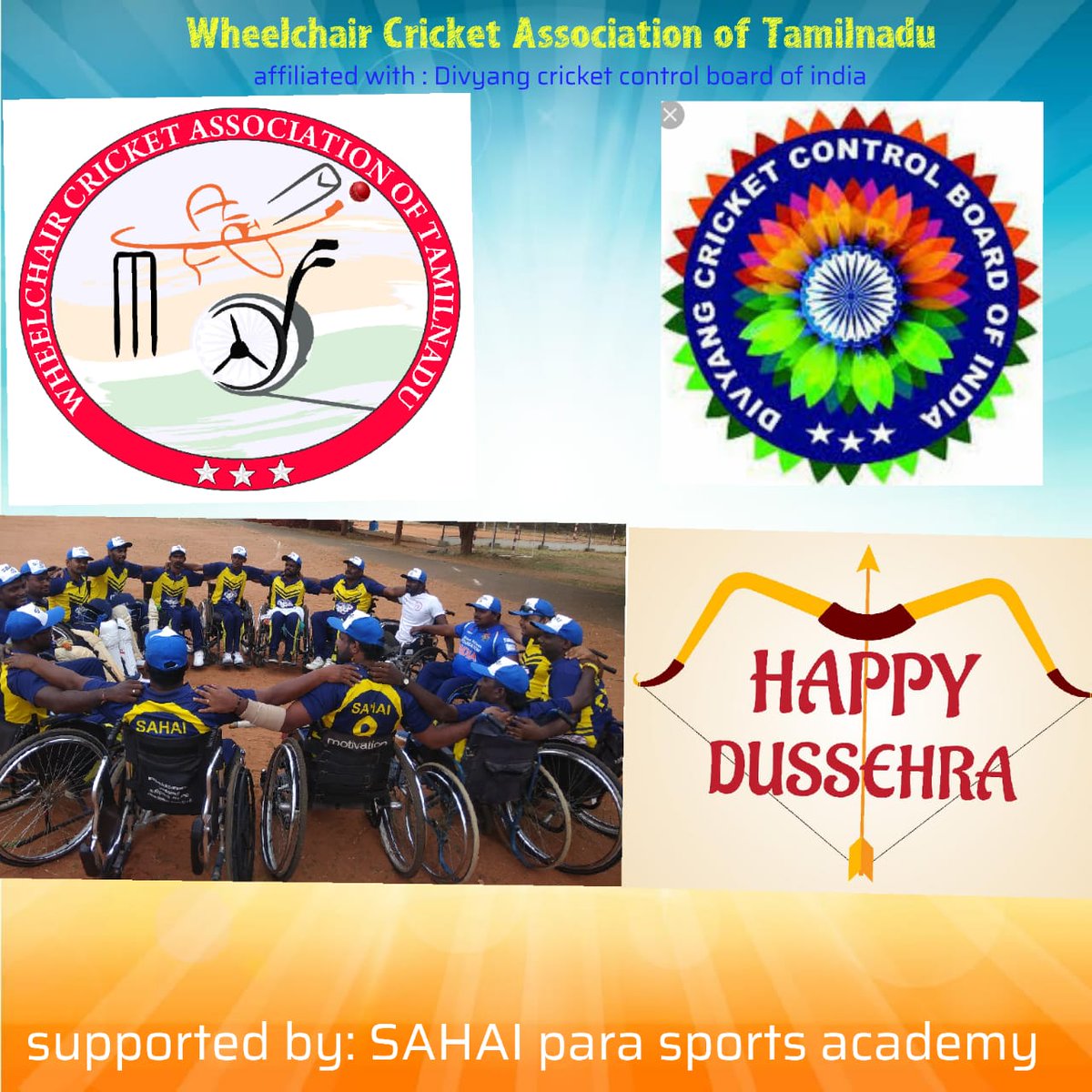 Wheelchair Cricket Association of Tamilnadu🏏🏏🏏🏏 ♿️♿️ wish you all a very happy Dussehra.
#sahaiparasportsacademy
#divyangcricketcontrolboardofindia
#wheelchairsportssociety
#indianwheelchaircricketteam