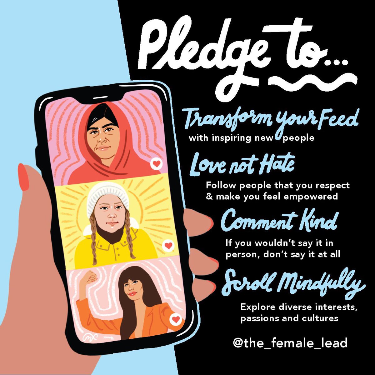 Today we take a stand to promote healthier social media use. Research by @the_female_lead shows a link between social media use and depression, anxiety, eating disorders & suicide and found following positive, empowering influencers can #DisruptYourFeed & improve mental health.