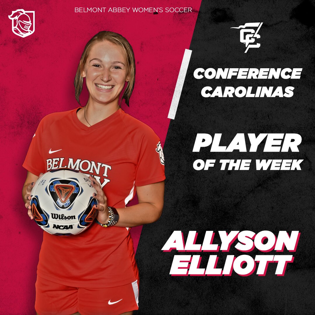 abbeyathletics's tweet image. Allyson Elliott named the @ConfCarolinas Women’s Soccer Player of the Week #RaisetheRed @Abbeywsoccer