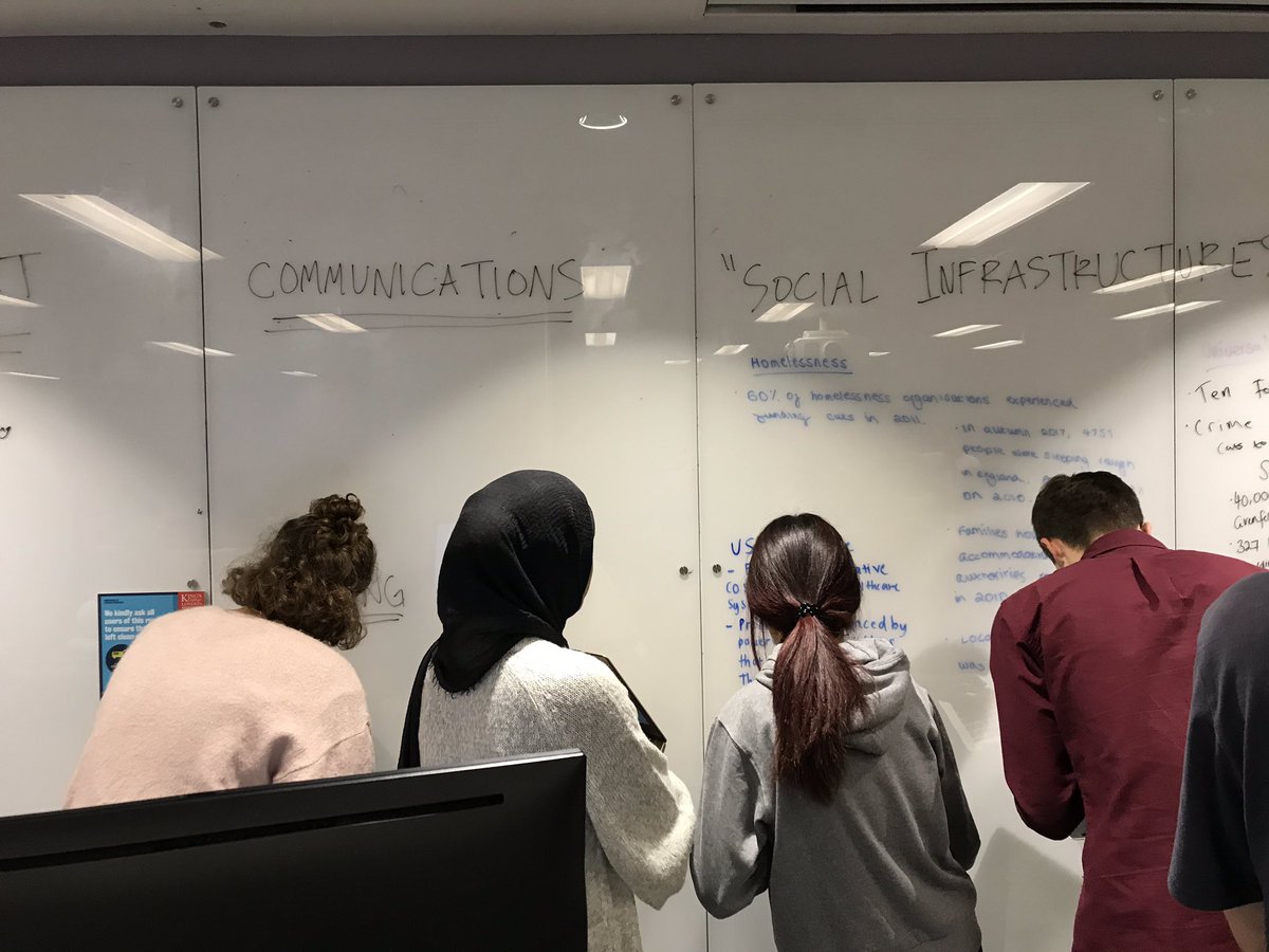 meehanmonster's tweet photo. #InfraG never rests. On our feet for Week 3: what are the impacts of austerity policies on #infrastructure in the UK? Are we splintered or splintering? Results are terrifying: cuts + uneven geographies to every sector imaginable. But these @kclgeography students give me hope. ✨ https://t.co/E5vxbtY8wW