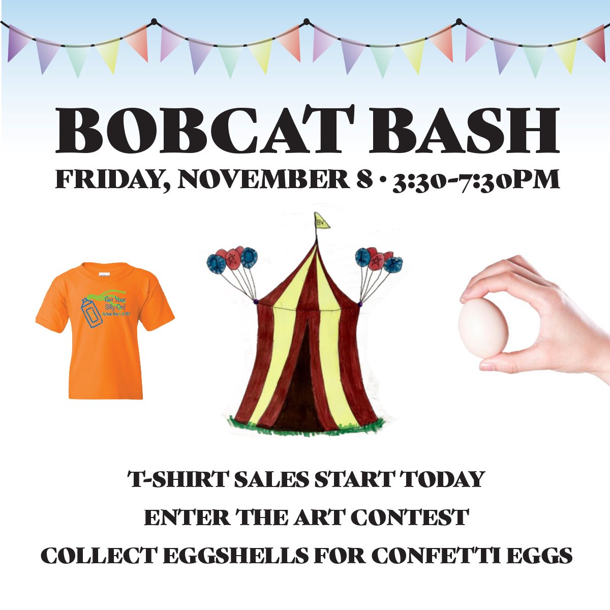 bvepta's tweet photo. The @bvistaes #BobcatBash is just one month away! Tshirts are on sale now, art entries are being taken in the art classroom and don't forget to save your eggshells! For full details on all of these items (and more) visit https://t.co/nCq3qyLDmc. https://t.co/hEsGyE8UKm