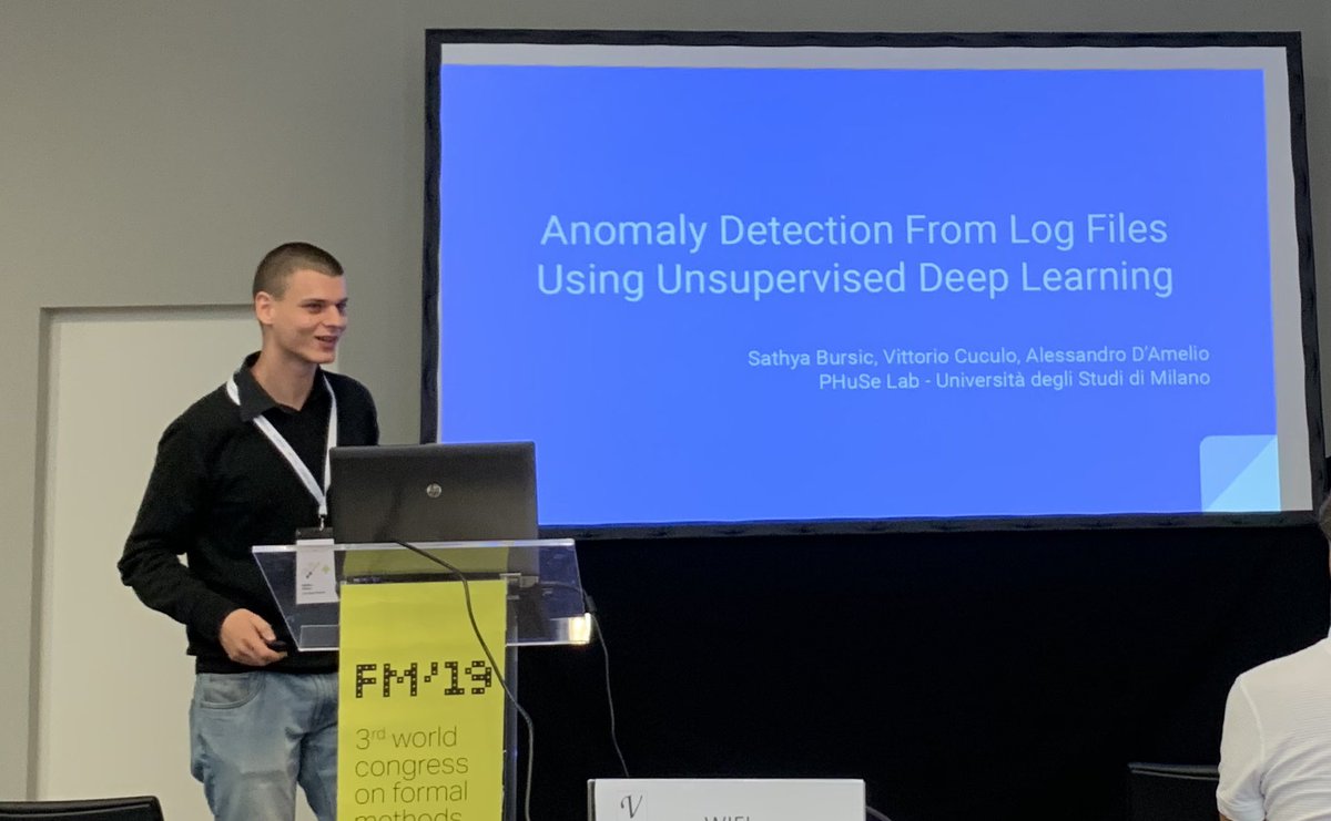 Data2ModelsBack's tweet image. Sathya Bursic presenting his #DataMod19 paper “Anomaly Detection From Log Files Using #UnsupervisedDeepLearning” joint work with Alessandro D'Amelio and Vittorio Cuculo @vcuculo @phuselab 
#LogAnomalyDetection