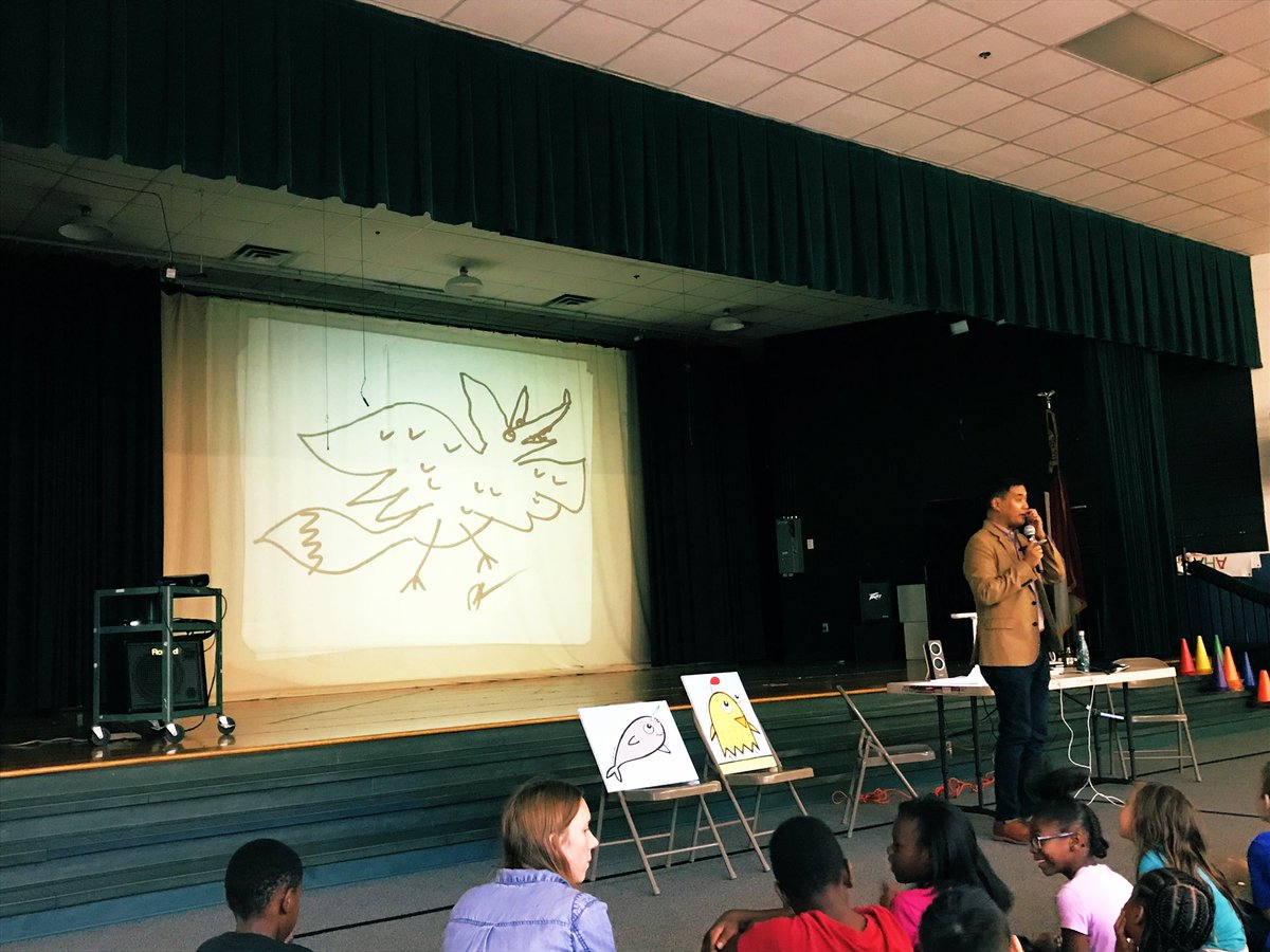 PowellOrchestra's tweet photo. We are excited to welcome back artist Bren Bataclan! Students participated in drawing workshops, he gifted @PowellesPLAY two paintings, and fifth grade worked with him to create characters for our newest installation! @PowellPTA https://t.co/Sb7pytMoXQ