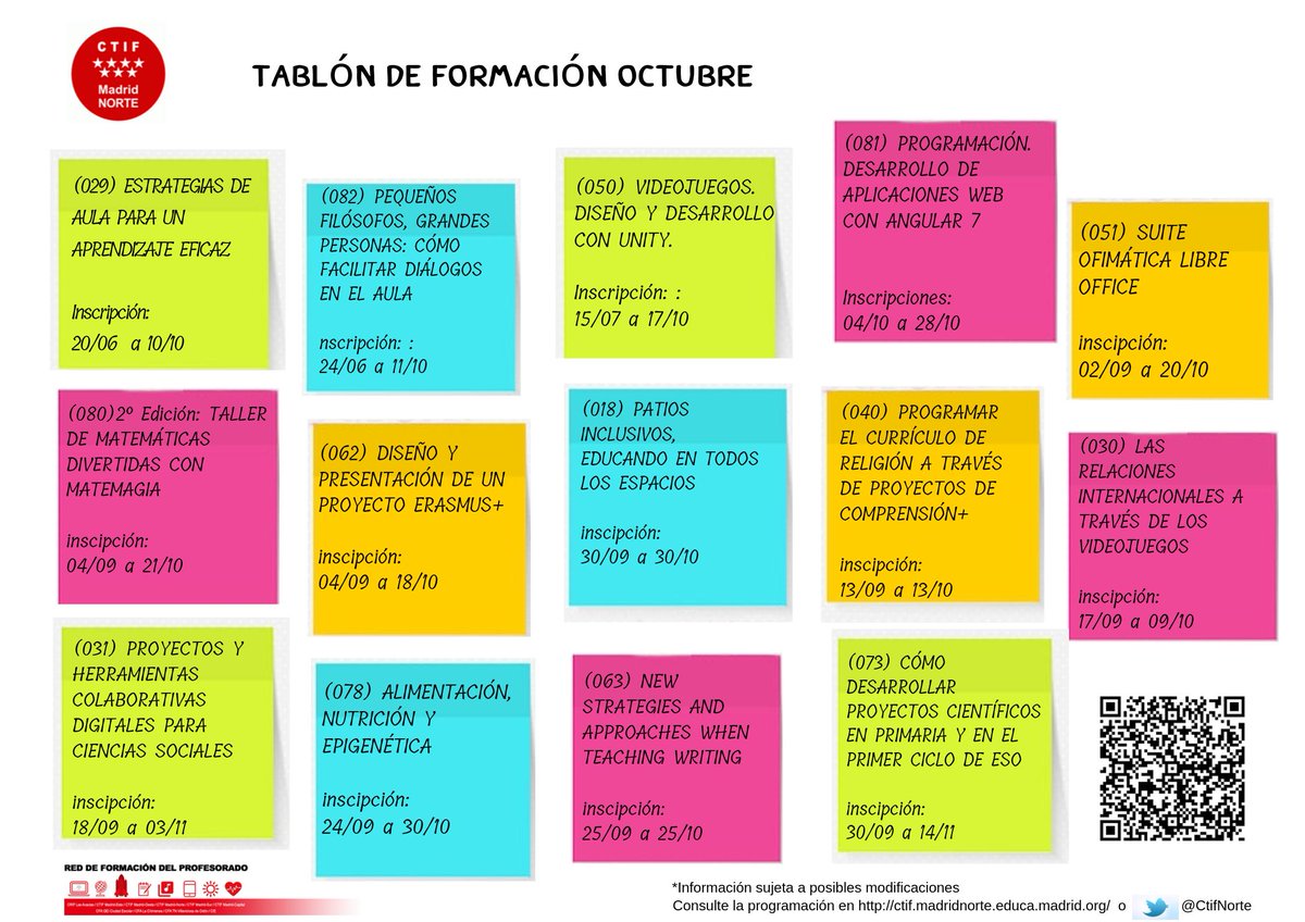 Encuentra todos nuestro cursos de formación de octubre en este tablón de anuncios bit.ly/2Mh1jZq #RedFormaciónMadrid