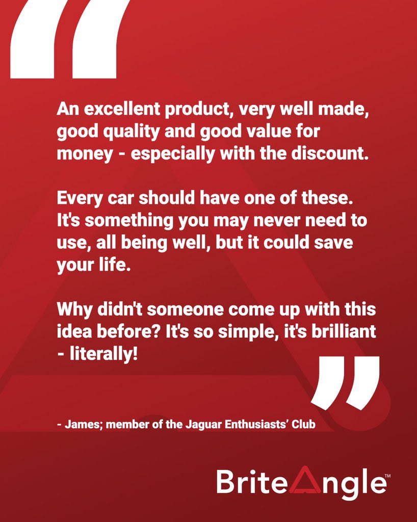 BriteAngle's tweet photo. This review says it all! We’re so grateful to James and the @jaguarcarclub for their support. Reading comments like this about our #BriteAngle LED Warning Triangle makes us even more determined to do all we can to make everyone safer on the road 👍🏼#RoadSafety #TuesdayMotivation https://t.co/wrQj3MelMJ