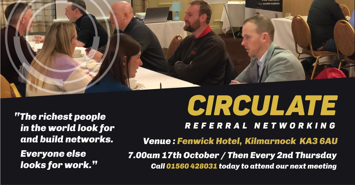 Looking to meet like-minded professionals from a wide range of business backgrounds and expand your business network? 

Join us at Circulate, Ayrshire's innovative new networking meet-up event. 

We welcome entrepreneurs and business people who see the bigger picture!
