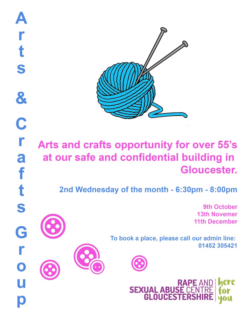 glosrasac's tweet photo. Starting tomorrow at our centre in Gloucester, GRASAC will run a monthly Arts and Crafts group for women over the age of 55 who have experienced sexual violence - call 01452 305421 for more info and to book your place #Gloucestershire #mentalhealth #sexualviolence https://t.co/6ikBMNFSxG