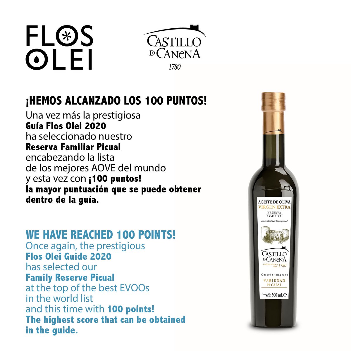 Estamos muy orgullosos de encabezar, por octava vez, la prestigiosa Guía <a href="/FlosOlei/">Flos Olei</a>  de los mejores #AOVE del mundo. Y está vez con la mayor puntuación que se puede obtener dentro de la guía ¡100 puntos! Muchas gracias por vuestro apoyo.
castillodecanena.com/es/100-puntos-…