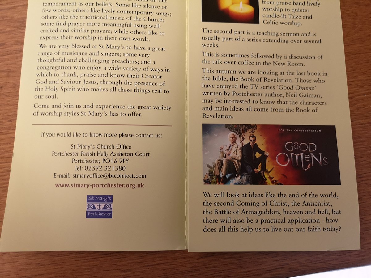 St Marys Church, Portchester is plugging Good Omens in its latest parish newsletter. #FriendsInHighPlaces @neilhimself @rhipratchett