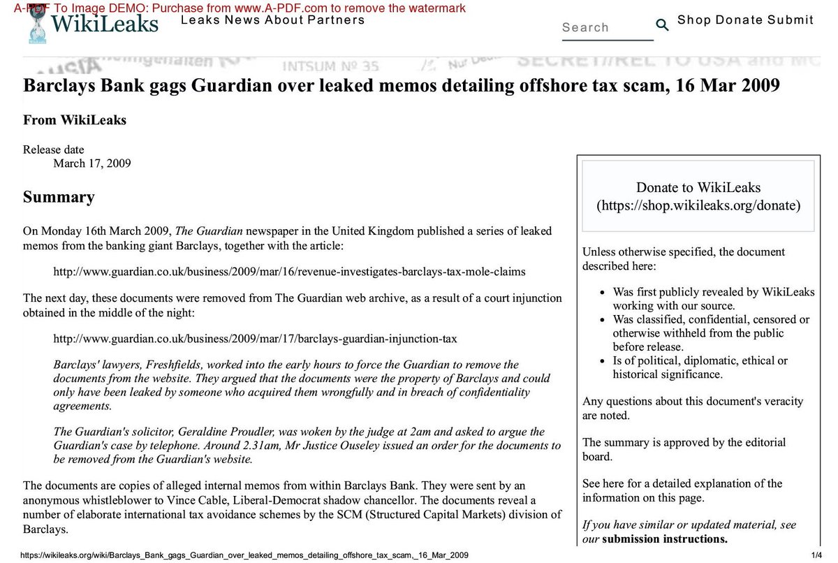 #Wikileaks descrive in dettaglio la truffa fiscale offshore di #BarclaysBank 
#Assange ha rivelato che Barclays Bank ha evaso 1 miliardo di sterline in tasse ma nessuno è stato arrestato, eccetto lui che ha parlato della corruzione dell'élite al potere.

wikileaks.org/wiki/Barclays_…