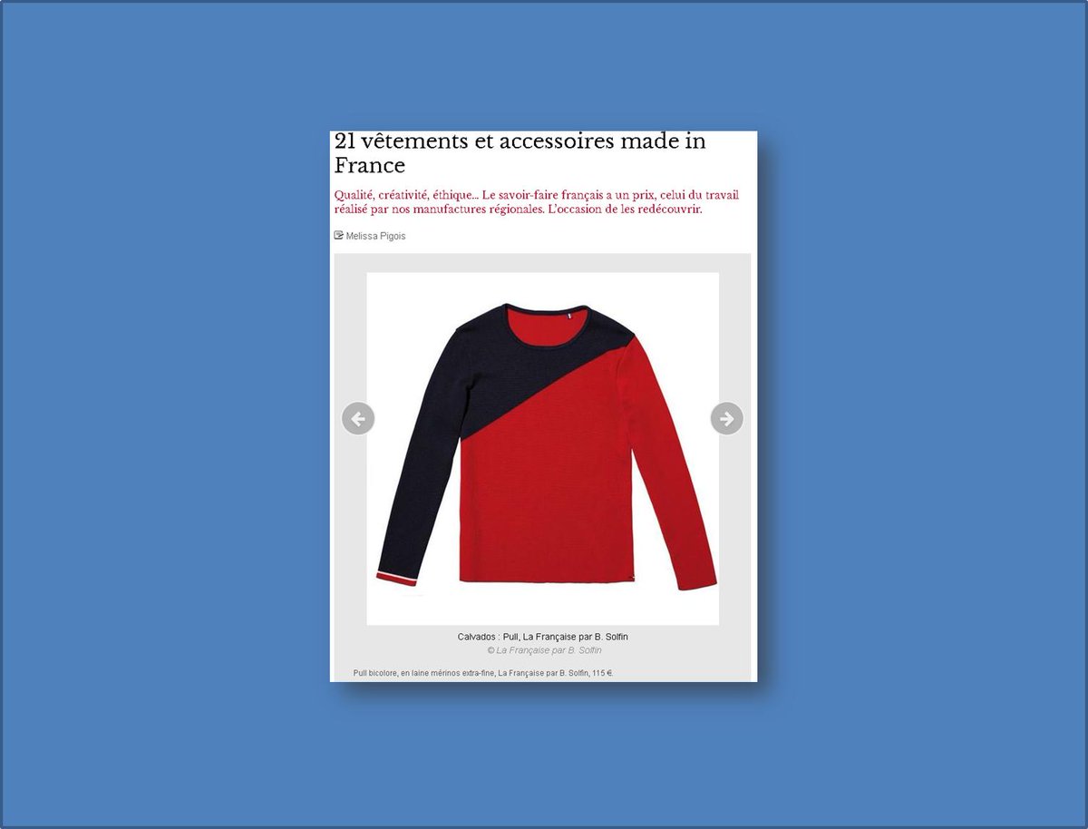 BSolfin's tweet photo. 🧶🐏❤️ Le Pull CALVADOS à l'honneur !
Vu dans le magazine Femina avec "21 vêtements et accessoires made in France" : un pull made in Normandie en 100% laine extrafine. @Femina_fr
#madeinfrance #savoirfairefrançais #laine https://t.co/P55J3Bzigy