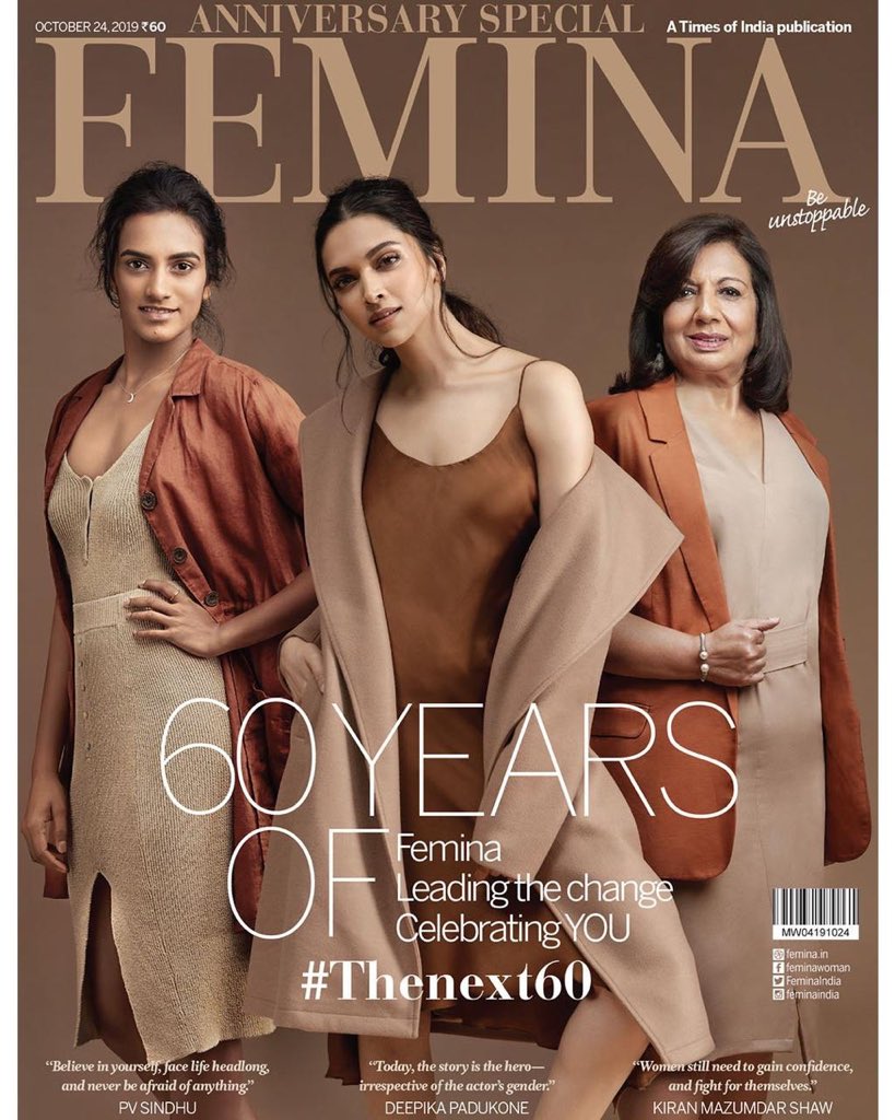 A superb Femina cover of the 3 inspirational women of India @Pvsindhu1 #DeepikaPadukone #kiranmazumdarshaw