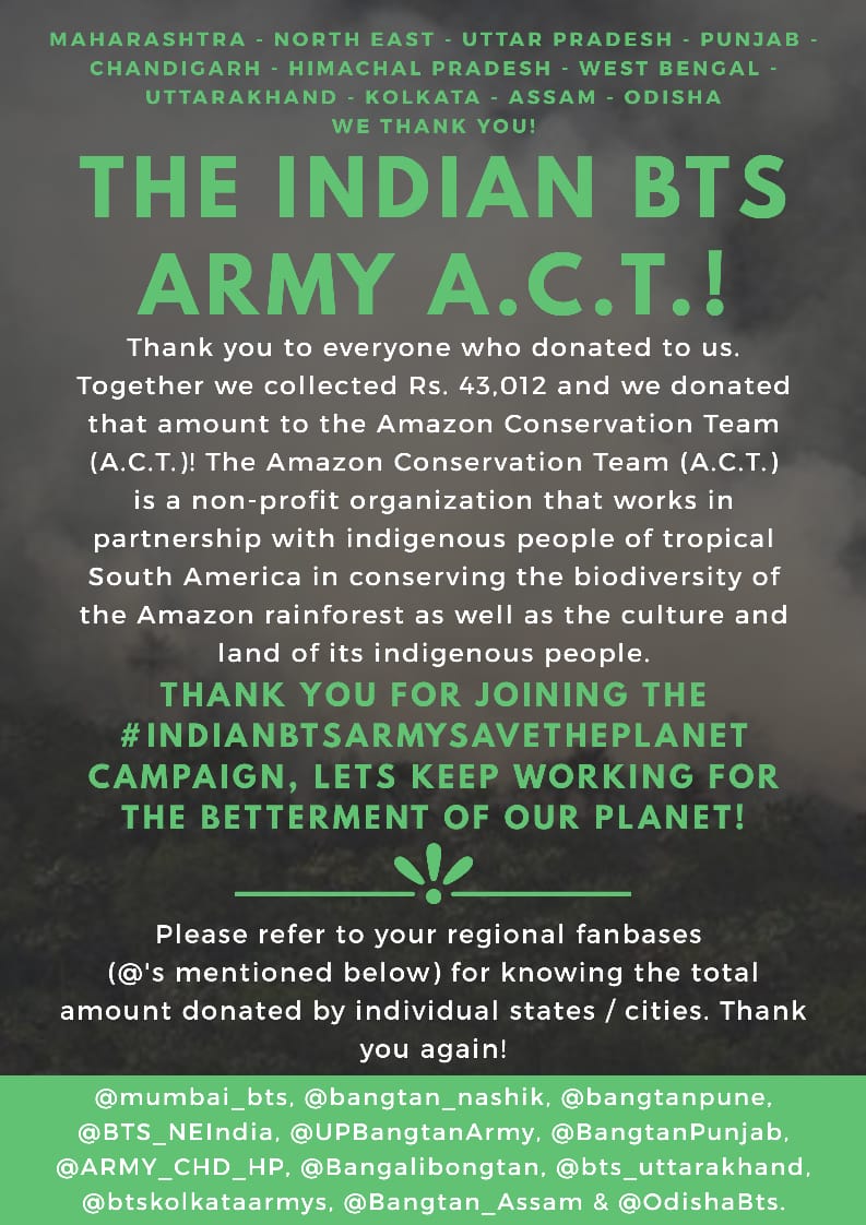 btsbengalarmys's tweet photo. #IndianBTSARMYSaveThePlanet is finally complete! We Kolkata ARMYs collected ₹3,500 which we donated in the name of BTS. Together #TeamIBAACT donated ₹43,012 = $607.31 = ₩724,064 Thank you to everyone who donated for The Indian BTS Army A.C.T.!💜
@BTS_twt https://t.co/0wy9Svc9Ke