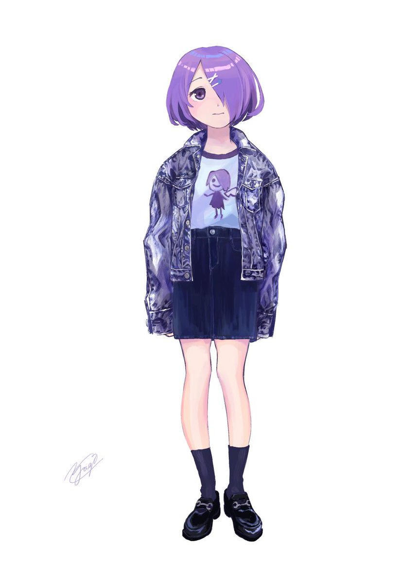 1girl solo purple hair hair over one eye jacket white background black footwear  illustration images