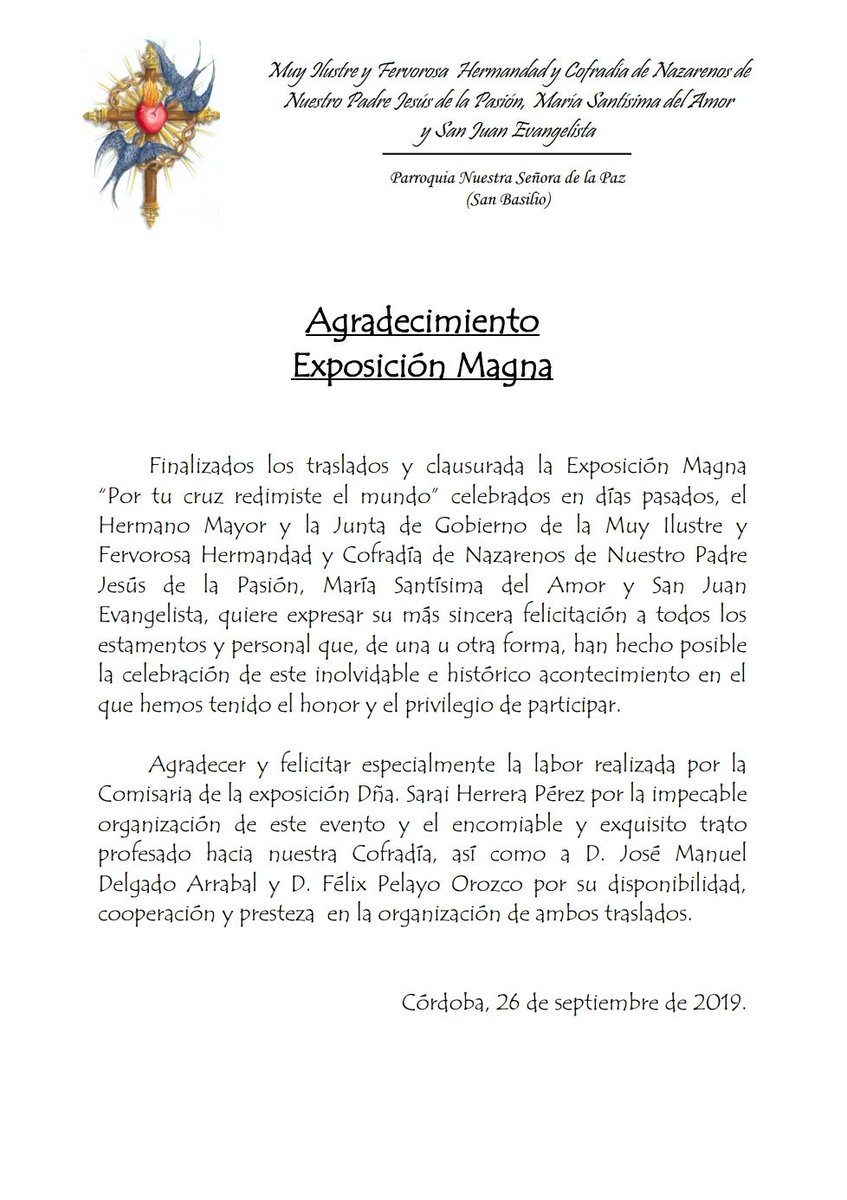 ➡️ Una vez pasados los actos del intenso mes de septiembre, nuestra Hermandad quiere hacer público el siguiente agradecimiento.