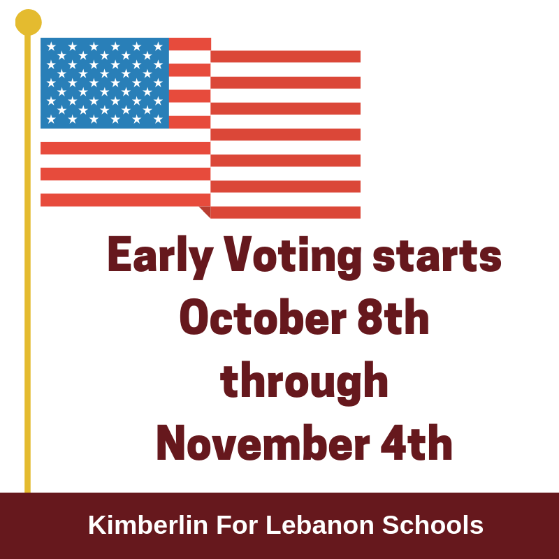 KimberlinforLCS's tweet photo. Early voting starts today October 8th! 
Please vote for KIMBERLIN FOR LEBANON SCHOOLS.

Here are the Absentee / Early Voting Hours: https://t.co/6VCyui2jaM https://t.co/CL4RlD4Du8