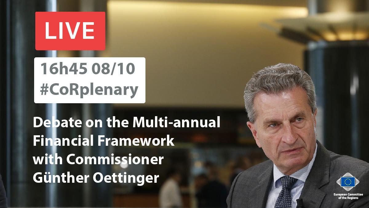 European Committee of the Regions (@eu_cor) on Twitter photo 📣 COMING UP NEXT #CoRplenary debate on the future EU budget with <a href="/GOettingerEU/">Günther H. Oettinger</a>
🔴 Watch LIVE on Twitter at 16:45 CEST 📣 COMING UP NEXT #CoRplenary debate on the future EU budget with <a href="/GOettingerEU/">Günther H. Oettinger</a>
🔴 Watch LIVE on Twitter at 16:45 CEST