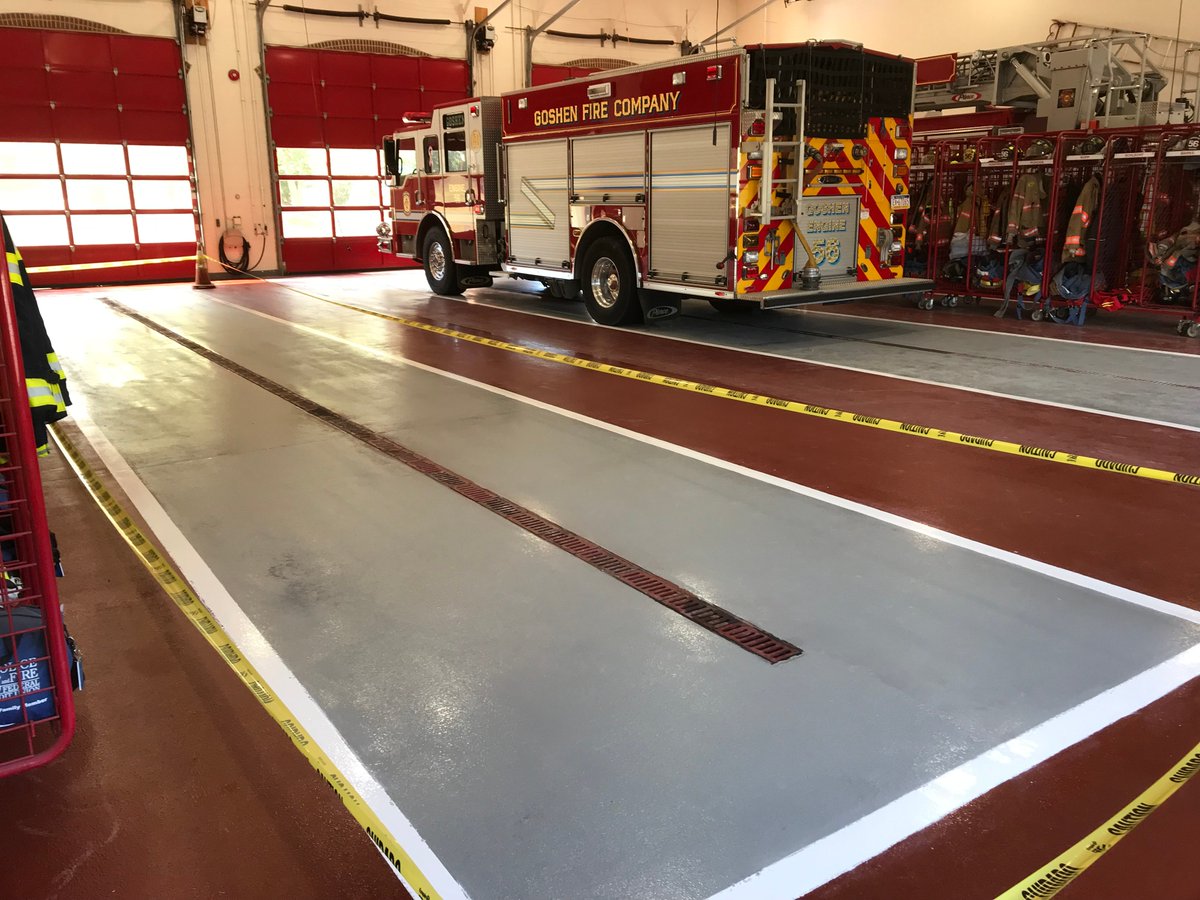 DurableSurfaces's tweet photo. Last week we re-coated the epoxy floor and fire truck parking locations @GoshenFireCo 
Our team did a great job with the line striping and attention to detail on this job. https://t.co/DSrE53no77