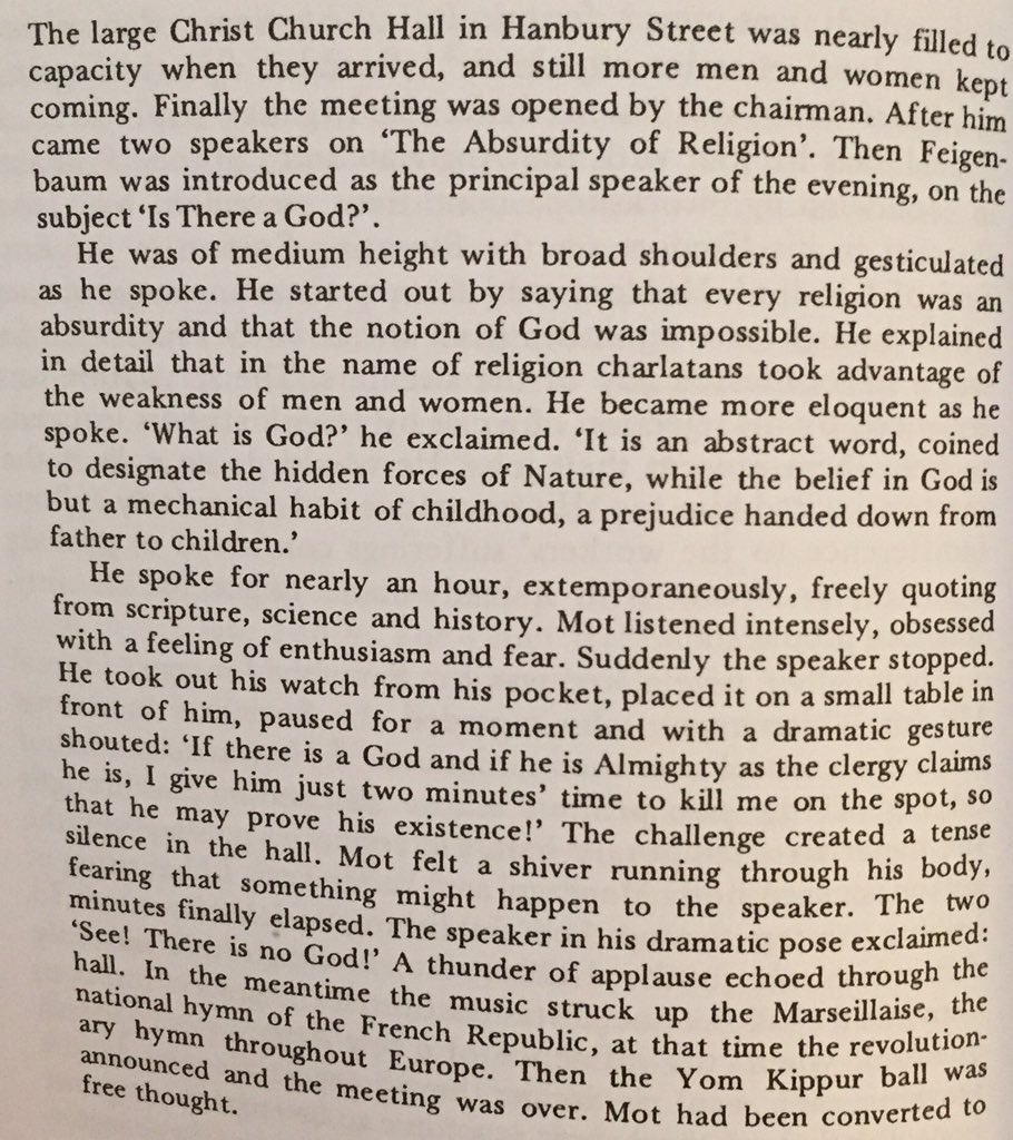 The story of Benjamin Feigenbaum’s atheist lecture, which preceded a ball, is one of my all-time favourite moments from Jewish leftist history. This account, an excerpt from Tom (“Mot”) Eyges’ ‘Beyond the Horizon’, is in Bill Fishman’s ‘East End Jewish Radicals, 1875-1914’: