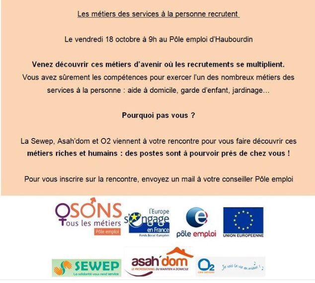 📅Dans le cadre de la semaine #MEL toi du territoire, #poleemploi #Haubourdin organise le 18/10 un recrutement réservé de manière prioritaire aux demandeurs d’emploi des quartiers politique de la ville. 🙏O2, Asah Dom et Sewep de nous faire confiance <a href="/Anais_SAP/">Anaïs Lagersie</a> <a href="/RIFFARDCAROLINE/">RIFFARD CAROLINE</a>