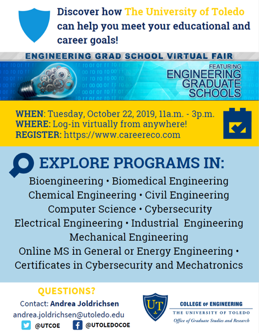 AlbaRubio_group's tweet photo. Do you want to know more about the Engineering graduate programs at @UToledo? Join us for the @UToledoCoE Virtual Graduate School Fair on 10/22: https://t.co/OeyAePOB06. You can either live chat with our students or ask questions privately. We are always recruiting good students! https://t.co/TX5z3t3JKu