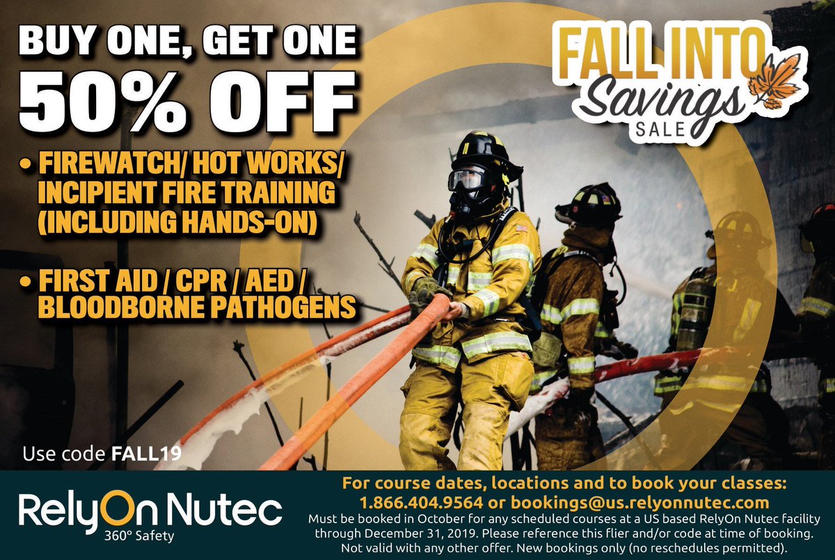 Our FALL SAVINGS are in full force🍂
Buy one, get one 50% OFF
• Firewatch/ Hot Works/ Incipient Fire Training (including Hands-On)
• First Aid / CPR / AED / Bloodborne Pathogens