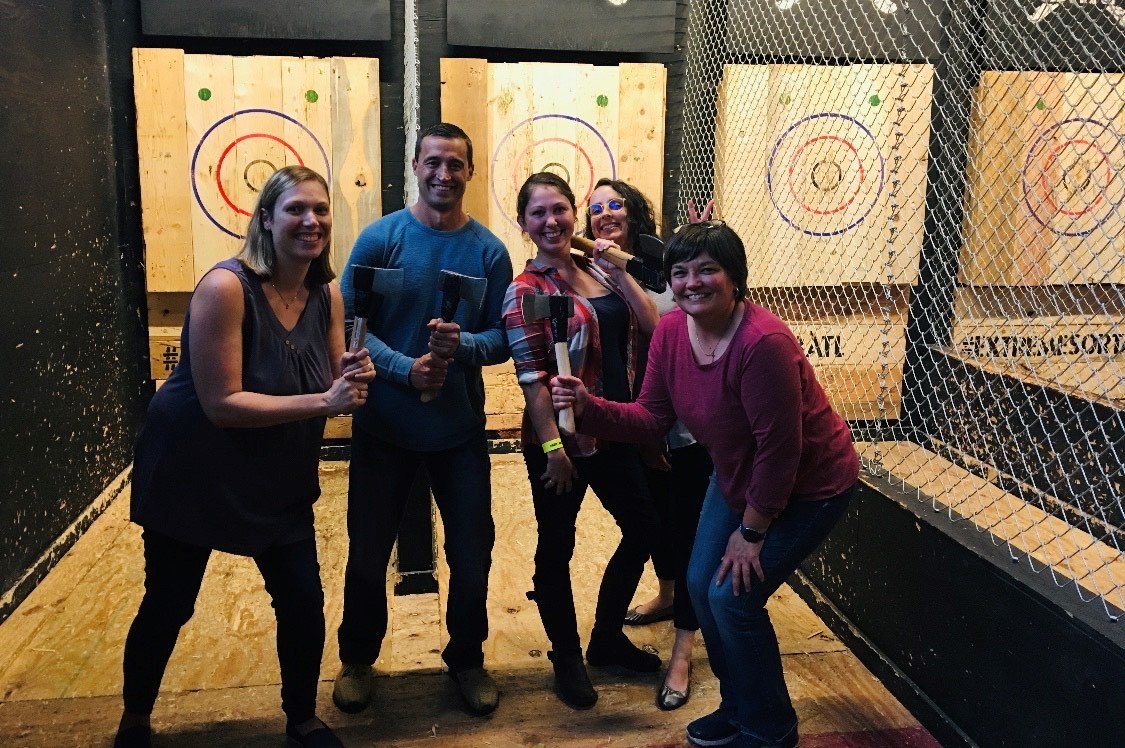 JBAshtin's tweet photo. Team building doesn’t have to be trust falls and wilderness retreats. Our Scientific Services team brought a little friendly competition to their group outing! #axethrowing #wehitthebullseye #bestteam  #noscientistswereharmed #medcomms #workfam @batlgroundsaxe https://t.co/67KNdAYgWb