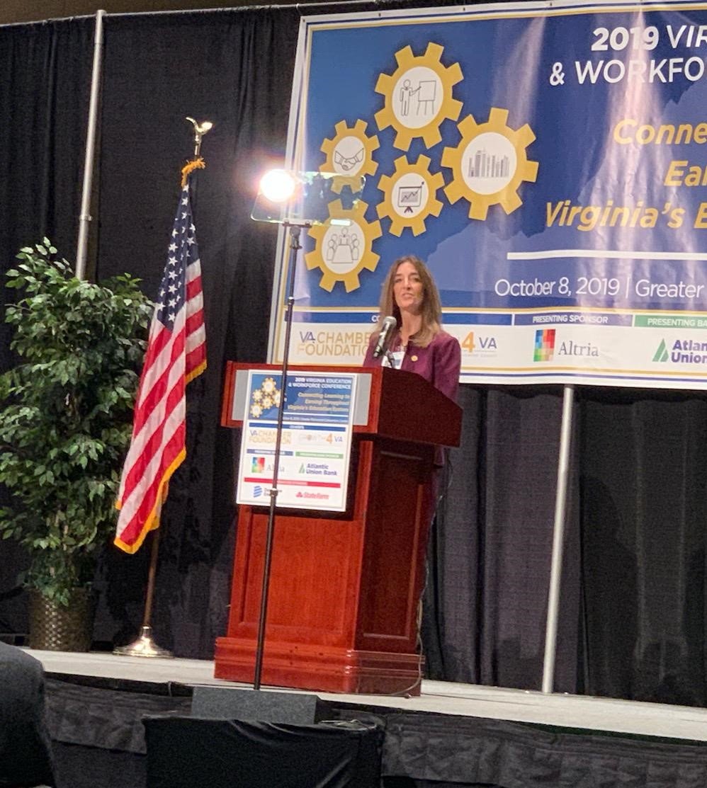 Growth4VA's tweet photo. Del. @EFillerCorn introduces @GovernorVA Northam for his remarks at the Virginia Education &amp; Workforce Conference. #VAWorkforce #VAChamber #Growth4VA https://t.co/ECwR0qbV3r