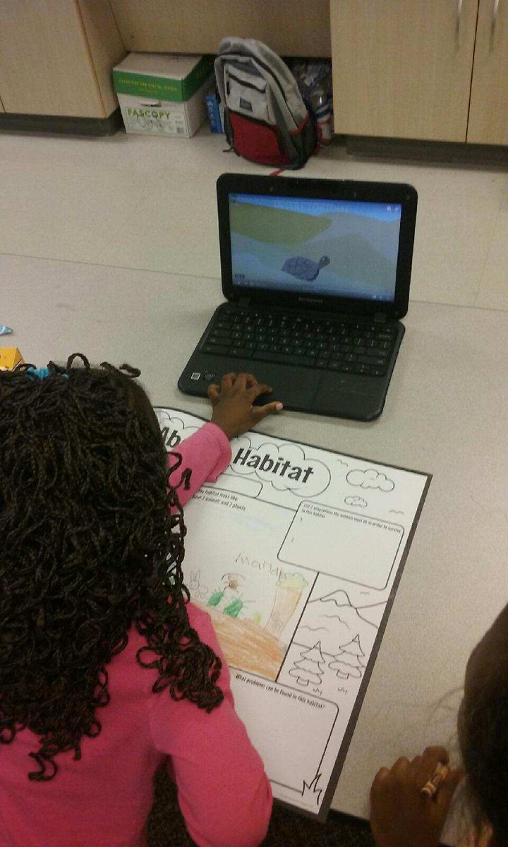 sbroyster's tweet image. Project Lead The Way. Students in @mclark1stgrade @CarverPrimary  are making their Animal Habitat posters. Using Chromebooks to watch videos on the habitat and then draw them. #OpelikaEdTech #MyOpelika @PLTWorg