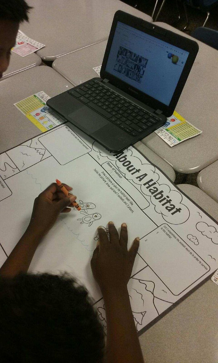 sbroyster's tweet image. Project Lead The Way. Students in @mclark1stgrade @CarverPrimary  are making their Animal Habitat posters. Using Chromebooks to watch videos on the habitat and then draw them. #OpelikaEdTech #MyOpelika @PLTWorg