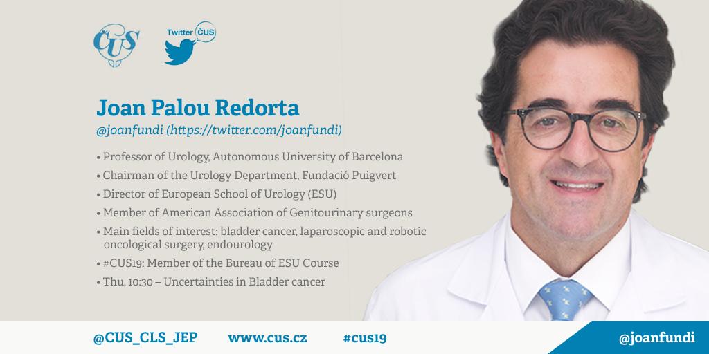 #CUS19 - 16.-18.10. 2019, Clarion Congress Hotel Prague.
Ve čtvrteční bloku vyzvaných přednášek si přijďte poslechnout prezentaci prof. <a href="/joanfundi/">Joan Palou Redorta</a> na téma "Uncertainties in Bladder cancer"