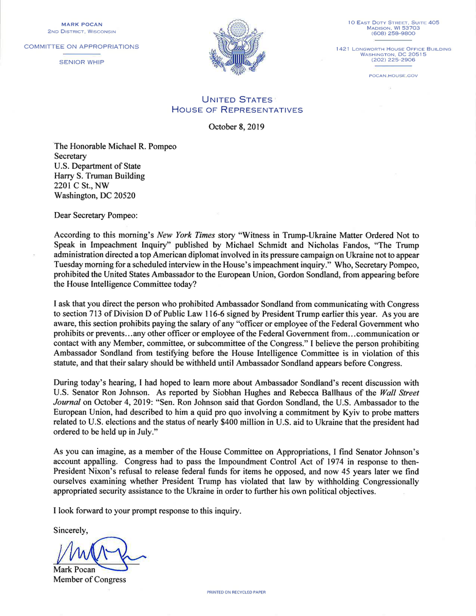 RepMarkPocan's tweet photo. Just sent @SecPompeo a letter flagging that the Feb 2019 spending bill prohibits pay to federal officials who prevent other officials from communicating with Congress.
 
We refuse to bankroll this administration while they hold witnesses hostage. Sondland must testify on Ukraine. https://t.co/2q9qyFANRv