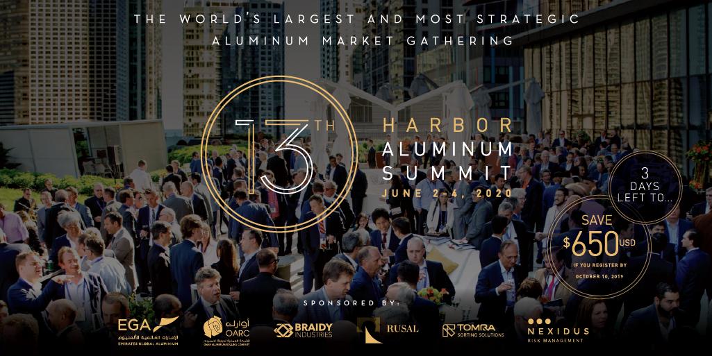 Only 3 Days Left for $650 USD Discount! Don’t miss HARBOR's 13th Aluminum Summit  - June 2-4, 2020 | Chicago, IL, USA. ow.ly/fZm650wF0w2