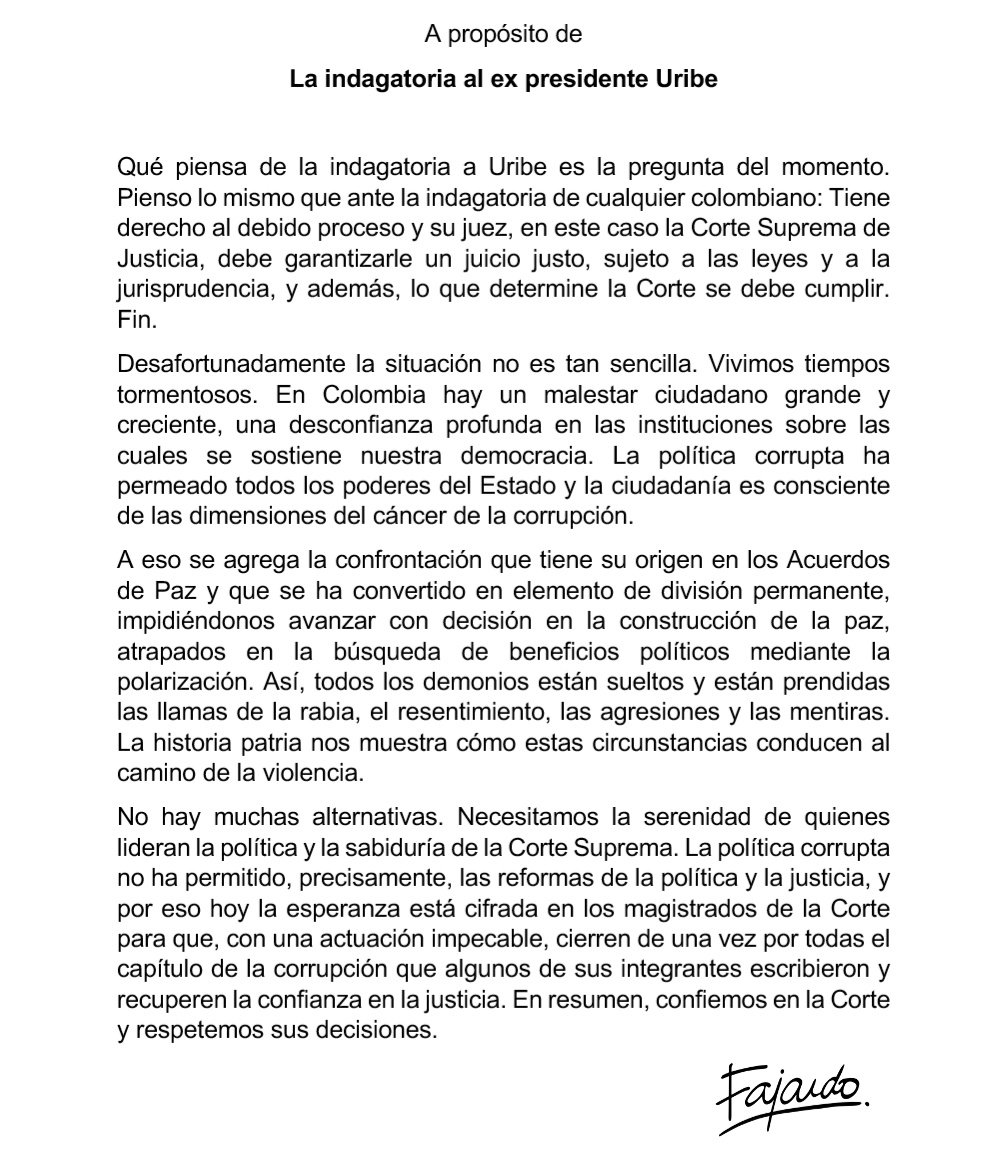 sergio_fajardo's tweet photo. Sobre la indagatoria a Álvaro Uribe. https://t.co/f9m3CgmsNE