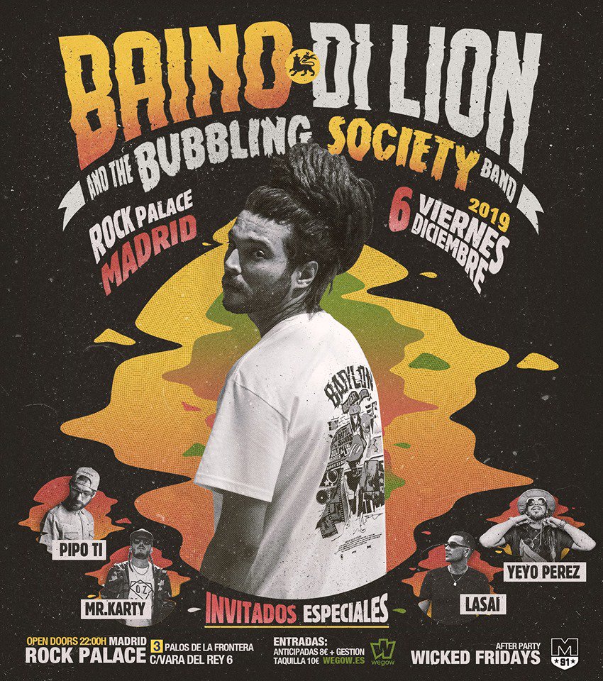 <a href="/Bainodilion/">Baino dilion</a> llega a #Madriz el 6DIC.🔥 junto a <a href="/BubblingSociety/">Bubbling Society</a> y estarán acompañados de invitados muy especiales como: 
<a href="/Pipotimusic/">Pipo Ti</a> 
<a href="/Mrkarty/">Mr Karty</a> 
<a href="/LasaiMuzzik/">LASAI</a> 
<a href="/yeyo_perez/">Yeyo Perez Mad City</a>
¡Os esperamos para una noche cargada de mucho #reggae en 
<a href="/RockPalace/">Rock.Palace</a>!
😎Que no te lo cuenten