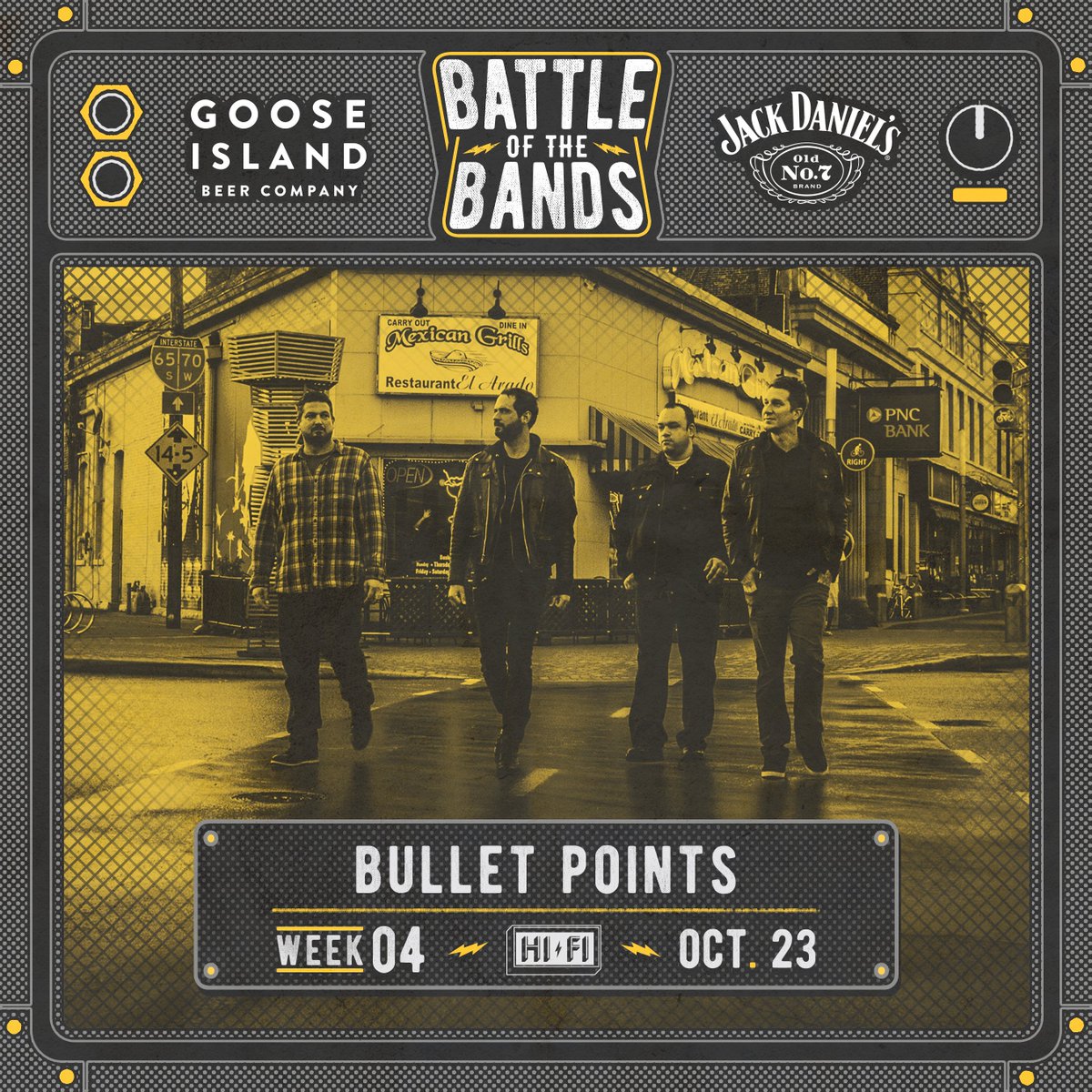 bulletpointsIN's tweet photo. Ay! Your dudes have entered the ring. Our first round match in the MOKB Battle of the Bands is WED OCT 23 (time TBA). Tix can be purchased for $5 - otherwise they're $10 at the door. We'll need your vote to advance!!! TIXLINK: https://t.co/CS2FJwX6vg #HIFIBATTLE #BulletPoints https://t.co/sSqPSd5huK