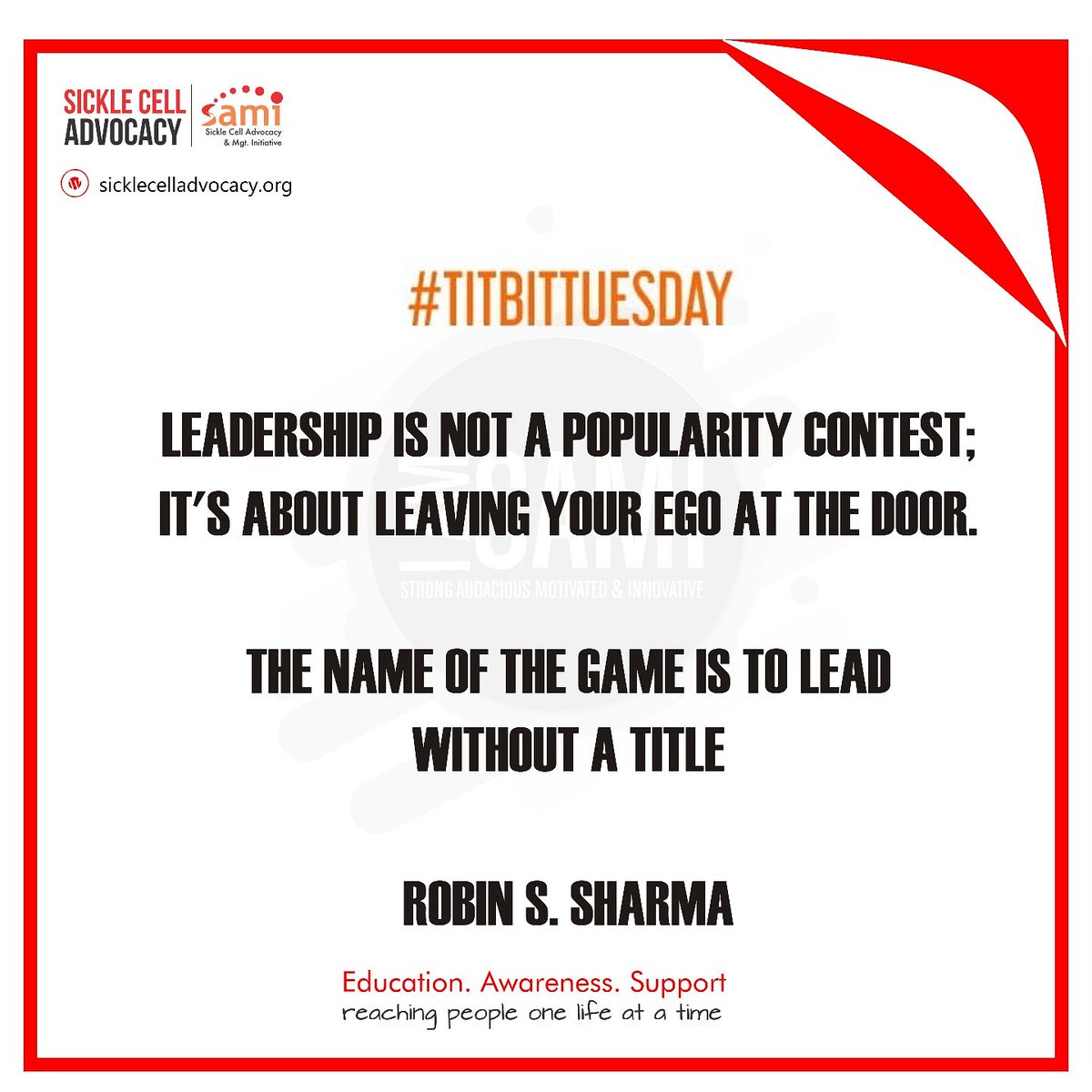 SAMIupdate's tweet photo. #TITBITTUESDAY
‘Leadership is not a popularity contest; it’s about leaving your ego at the door. The name of the game is to lead without a title’ – Robin S. Sharma
Want to be a leader?
It is not the title - Hon. Dr. Chief, Alhaji, JP or whatever title.
#SamiUpdate https://t.co/ahR8MFqkdi