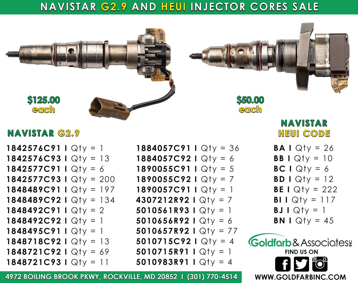 GoldfarbInc's tweet photo. Happy Tuesday! This week we have great prices on Navistar G2.9&HEUI Fuel Injector Cores for you. Please see the complete flyer below for more info and let us know what you can use.#navistar #injector #core #injectorcore #injectors #fuel #heui #g29 #dieselfuel #diesel #goldfarbinc https://t.co/maFsQpvi82