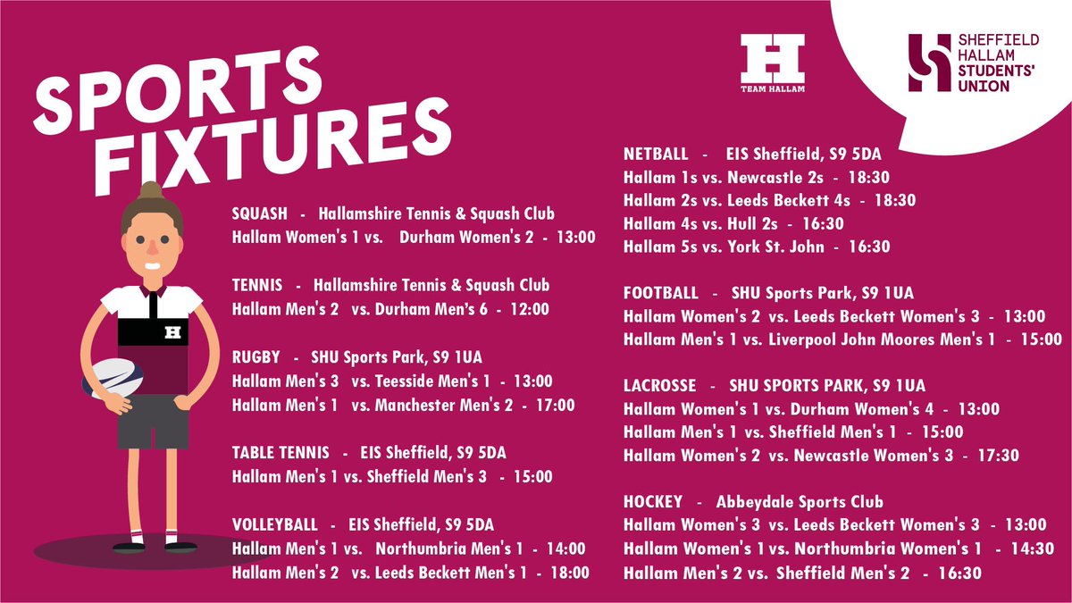 Free tomorrow afternoon or evening?

Get down to one of Team Hallam’s home fixtures and cheer on some of your fellow Hallam Rangers 🗣

#SHU #TeamHallam #Hallam #UniSport #BUCS