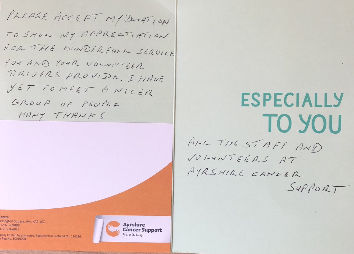 A lovely thank you card and donation from a grateful transport patient today #thankyou #volunteerdrivers #Ayrshire