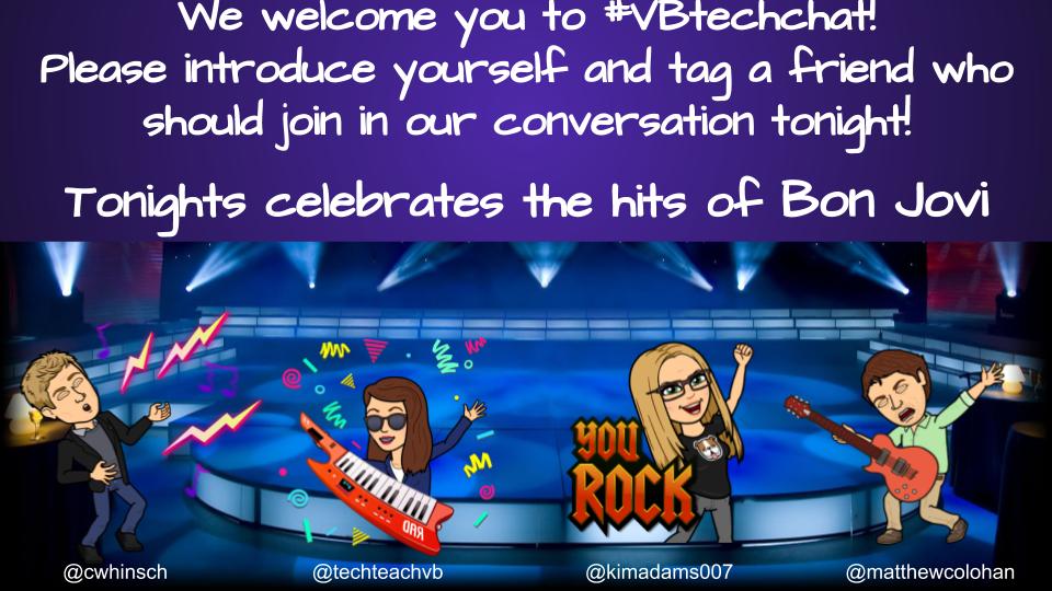 Welcome to #VBtechchat!  
Please introduce yourself and tag a friend who should join in our conversation tonight! #vbits <a href="/vbschools/">VBSchools</a> <a href="/cwhinsch/">Charlie Hinsch</a>
<a href="/KimAdams007/">kimberly f. adams 🏳️‍🌈☮️🏈🇺🇦</a> <a href="/TechTeachVB/">Sheila Teri</a> <a href="/vblms/">Maha Elmachichi</a> <a href="/wjohnsen/">Bill Johnsen</a>